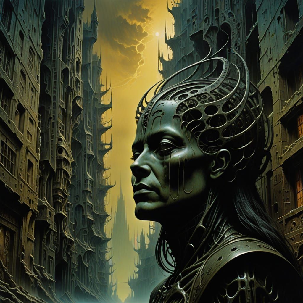 Surreal Cityscape with Melting Buildings and Twisted Shadows