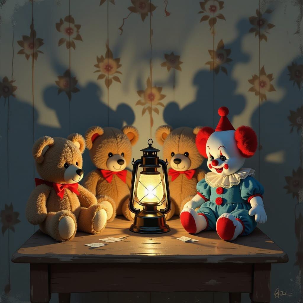 Vintage Stuffed Animals Gather Around Flickering Oil Lamp