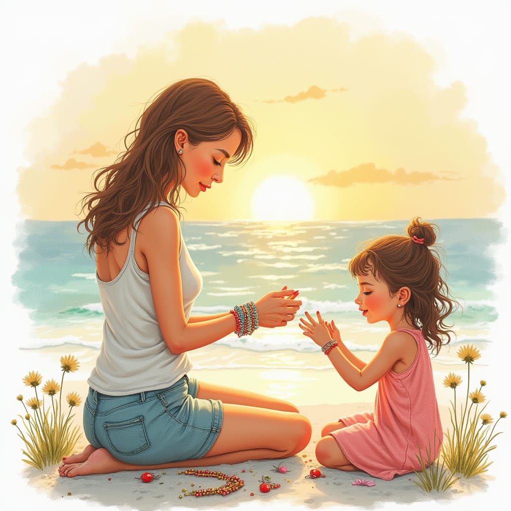 Bead Bracelet Design: Mother and Daughters, Watercolor Style