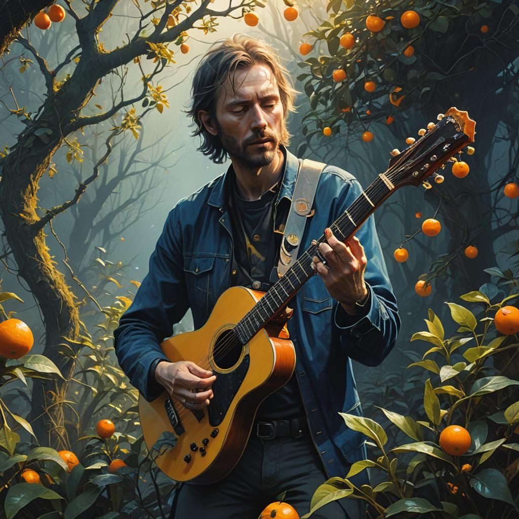 Guitarist in Mystical Garden, Fantasy Concept Art