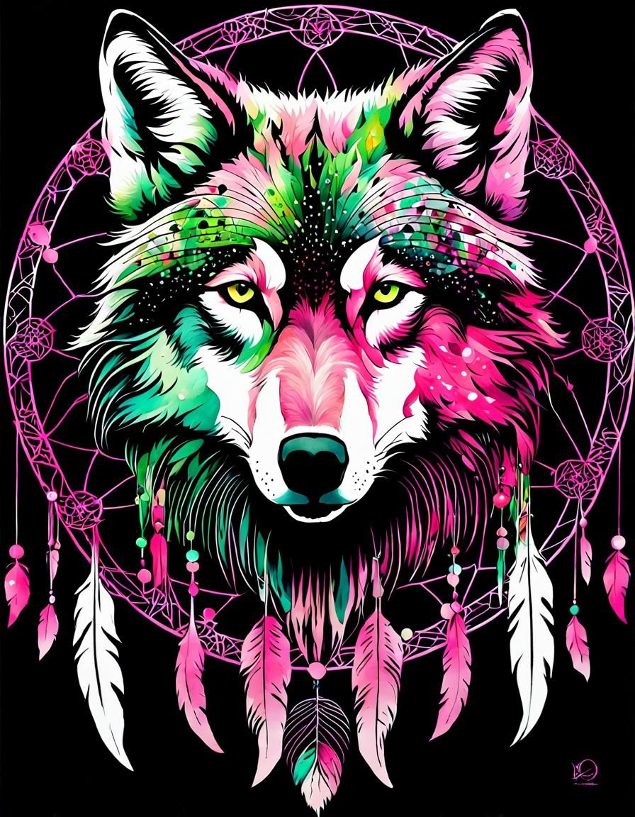 Ghost Wolf Dreamcatcher in Watercolor Silhouette Art