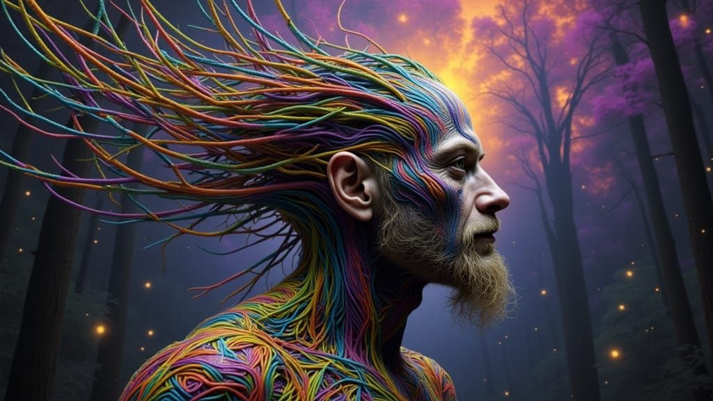 Biomechanical Android Portrait with Spiderwebs in Dark Fanta...