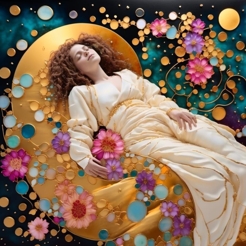 Astronaut Asleep Among Cosmic Flowers: Klimt-Inspired Ink Ar...