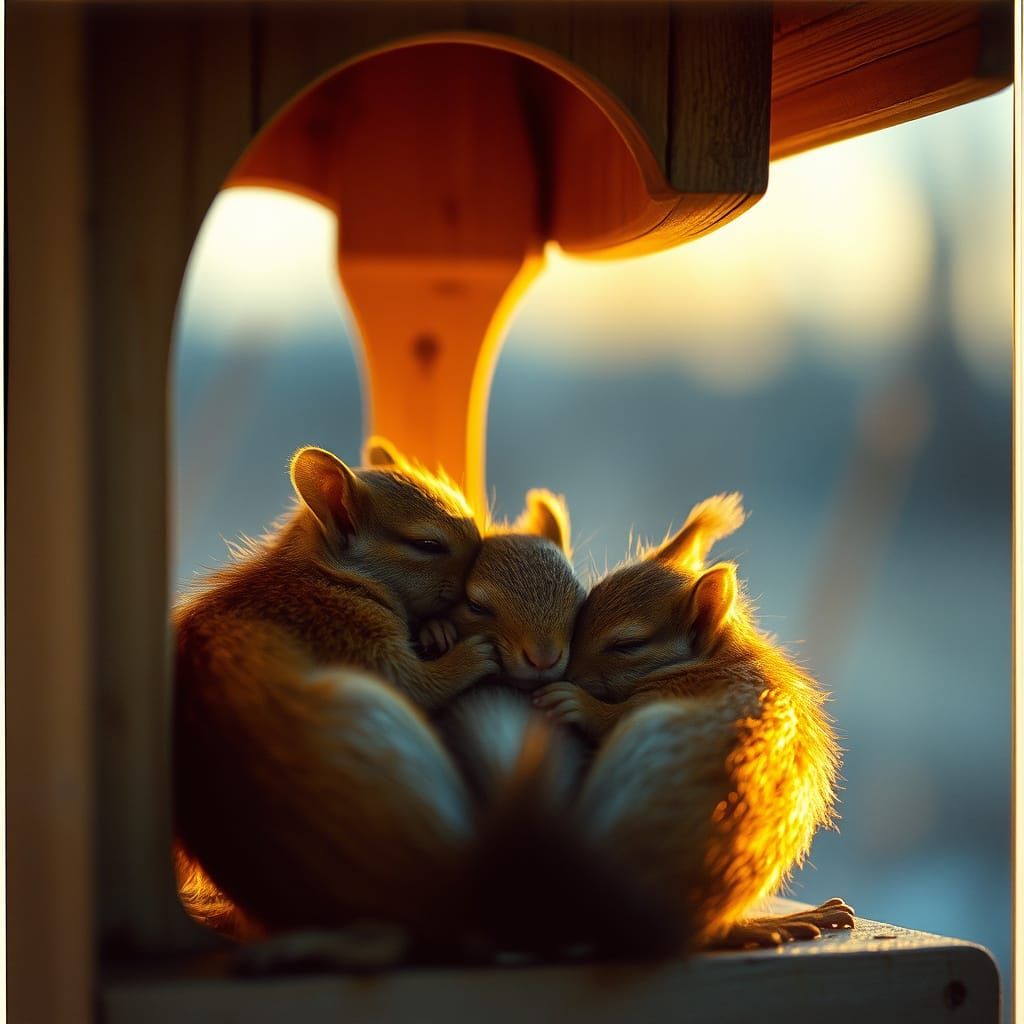Squirrels Cozy in Bird House at Sunset