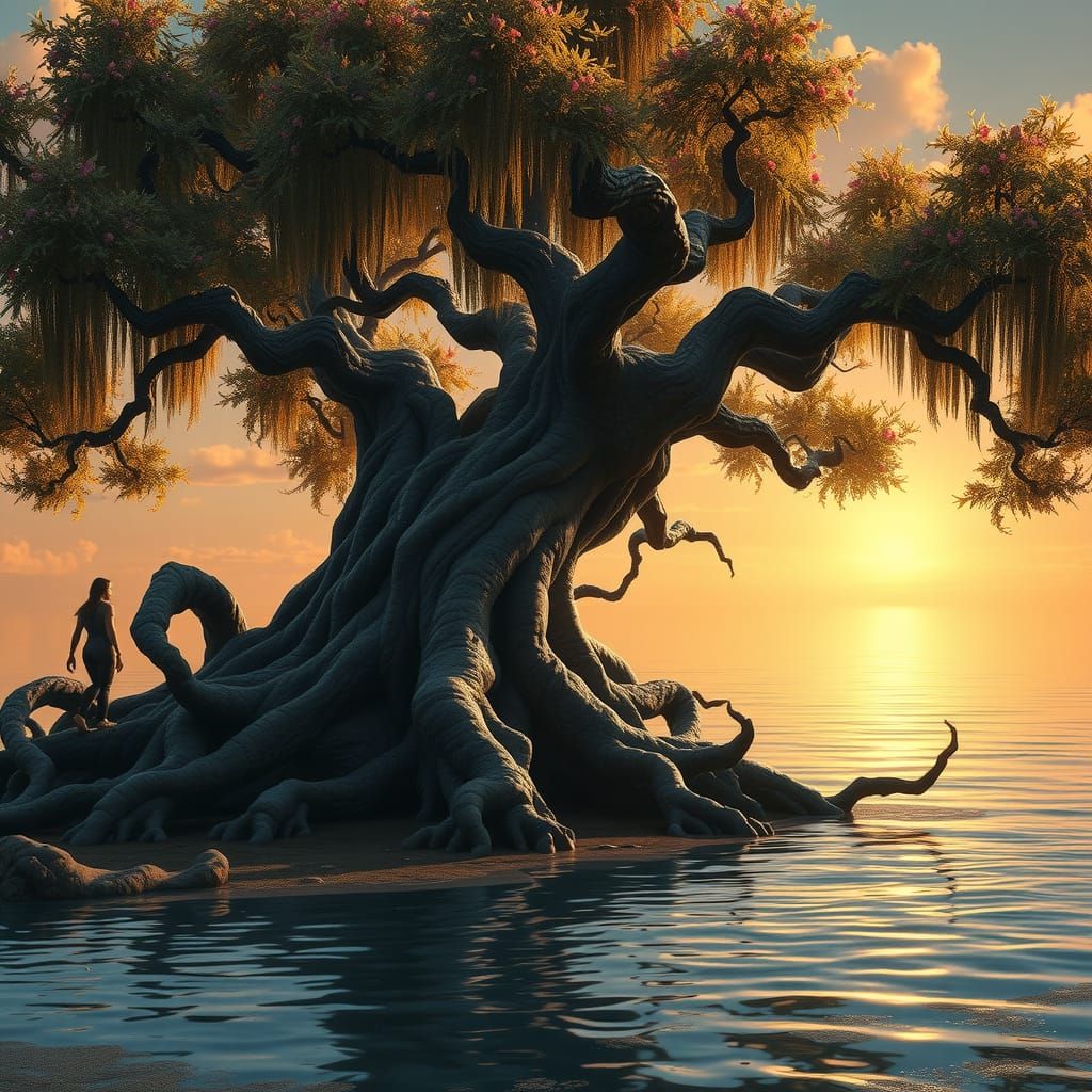 Mystical Tree Reflecting Sunset in Fantasy Realm