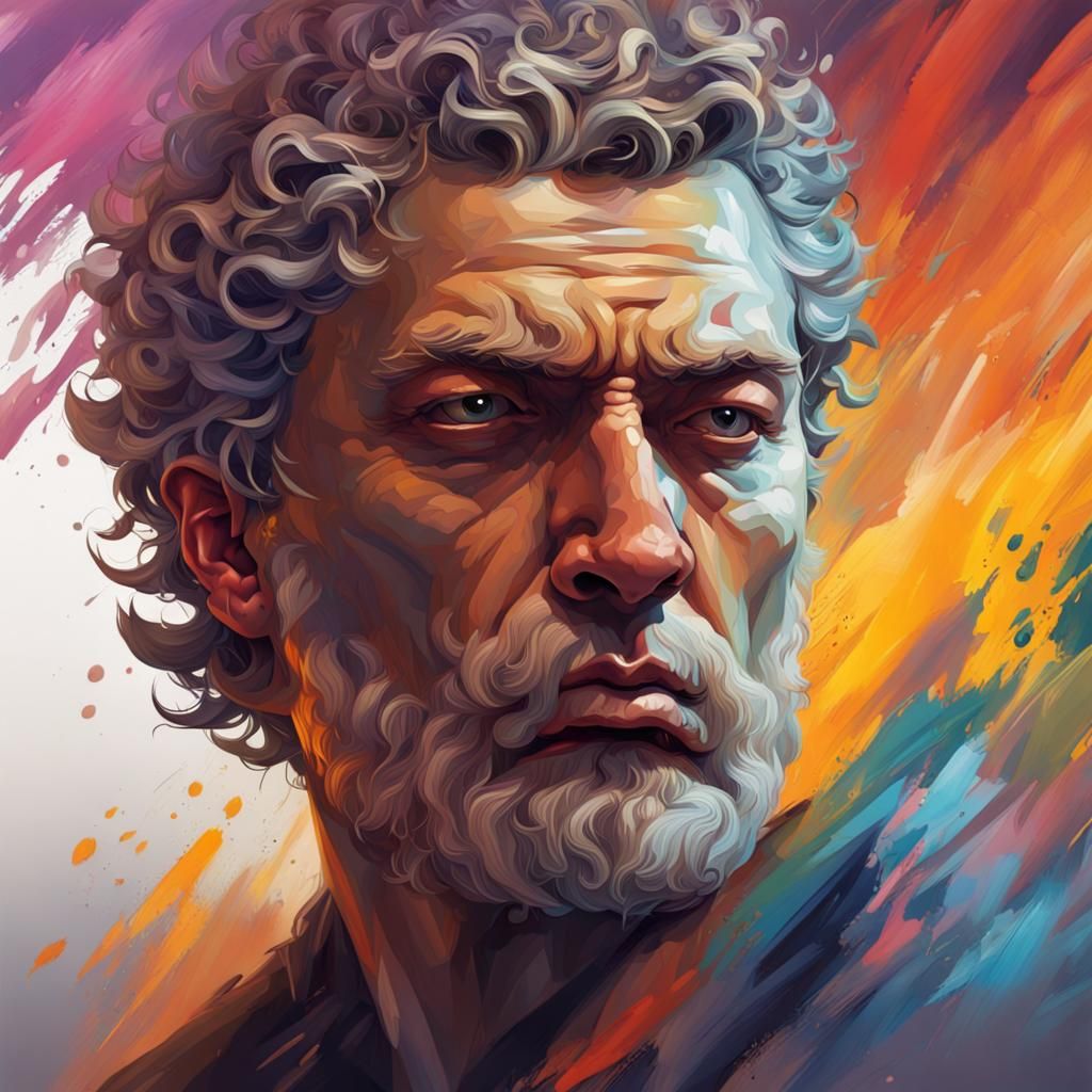 Intricately Detailed Stoic Man in Splash Art Style