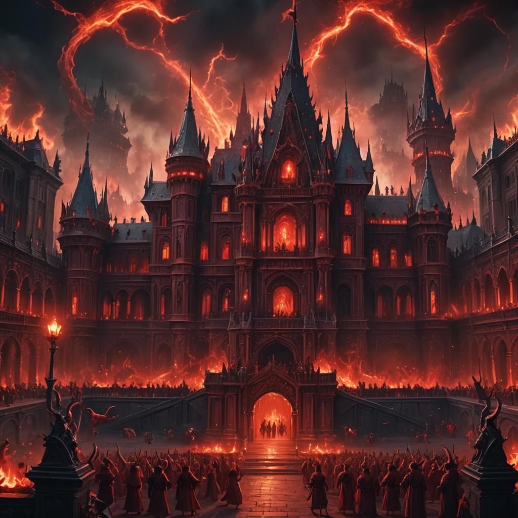 Festive Infernal Palace with Demons and Humans