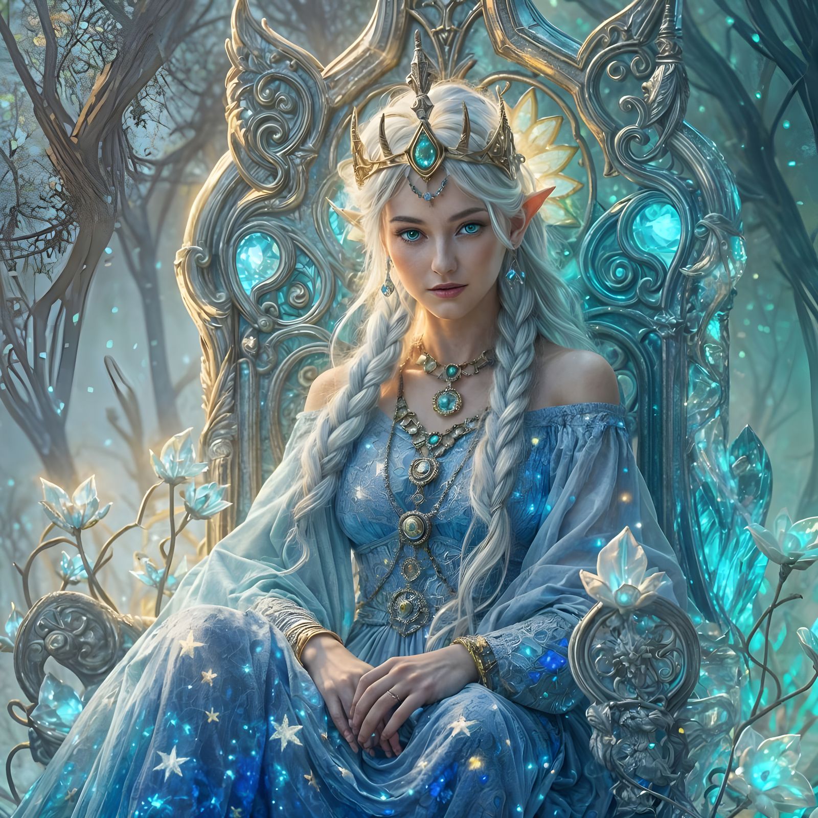 Regal Elven Queen in Starlight Gown on Crystal Throne