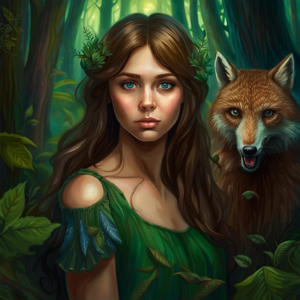 Girl in Green Dress with Woodland Creatures