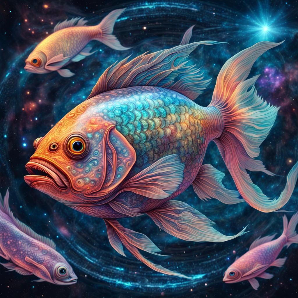 Alien Fish Swimming Through Space in Holographic Style