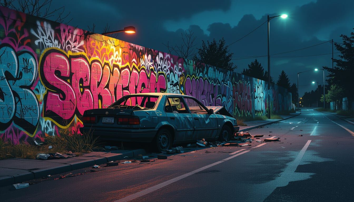 Hyperrealistic Car Crash in Graffiti Alley