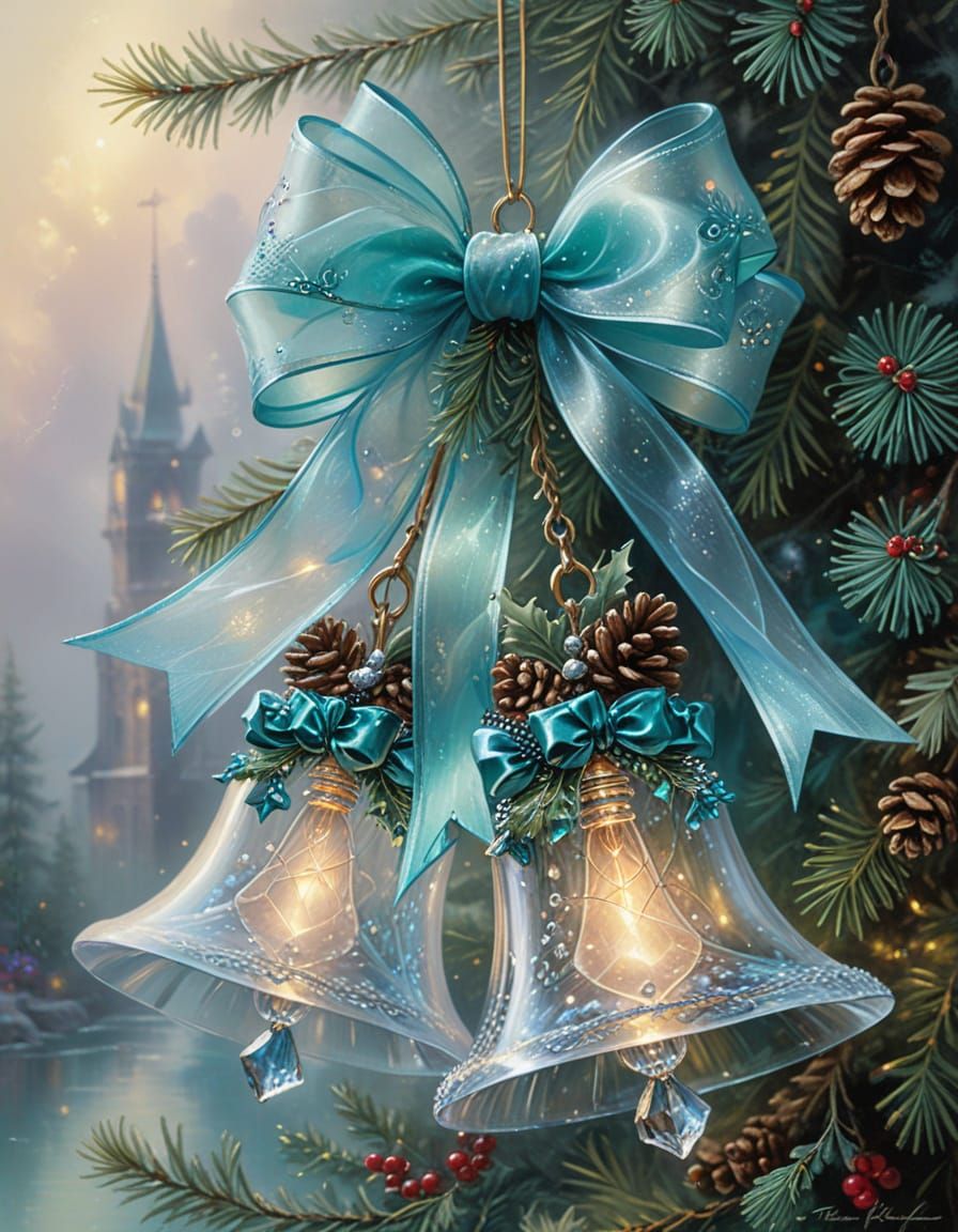 Close Up Crystal Bells with Aqua Bow and Holly
