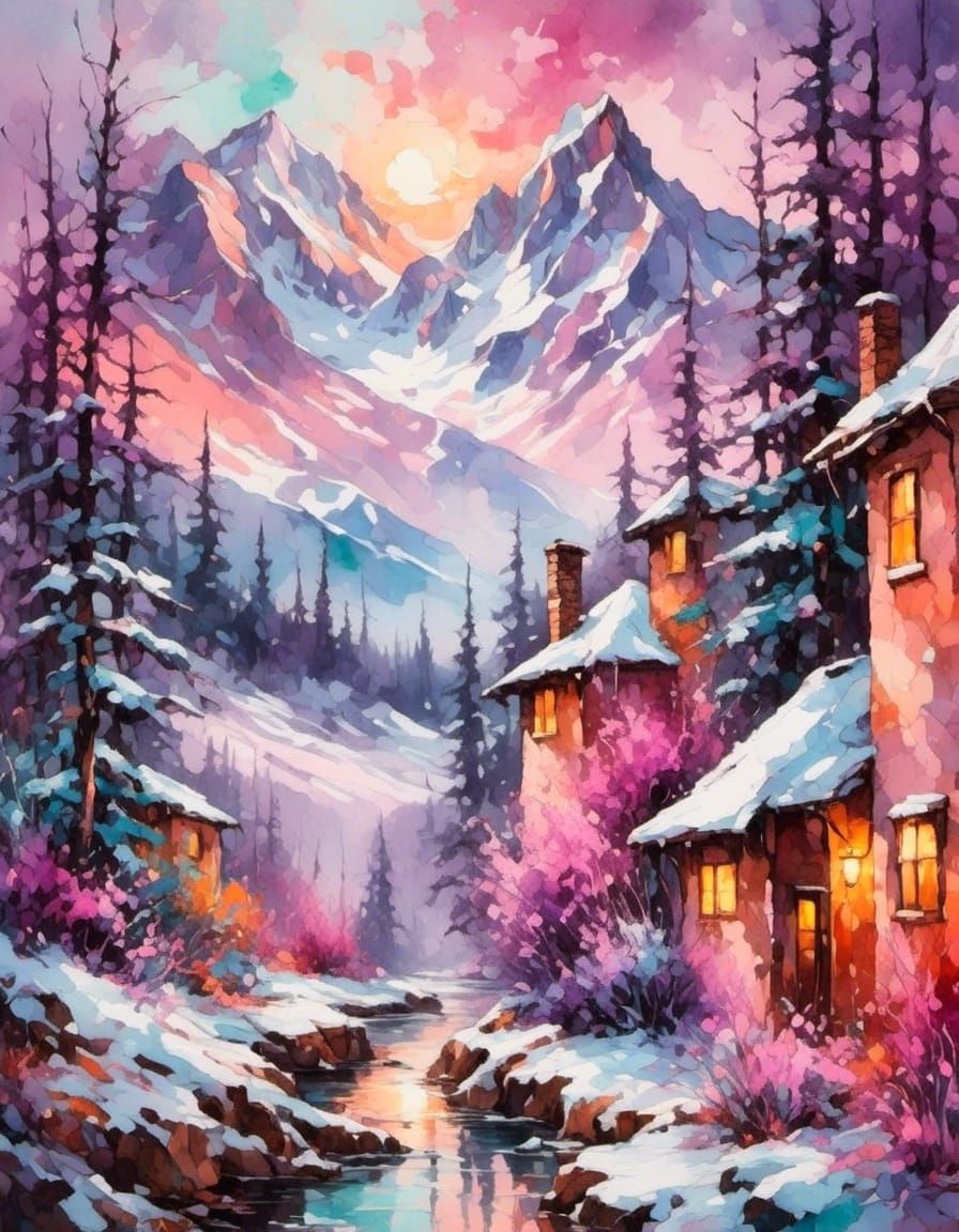 Snowy Mountain Sunrise in Watercolor Style