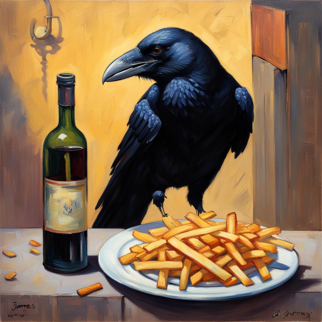 Crow Enjoys Fries and Wine, Oil Painting