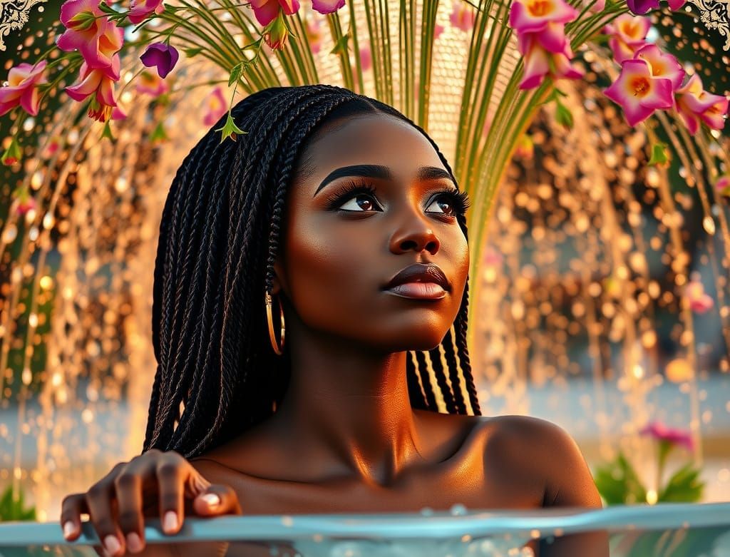 Vibrant Water Fountain Scene with Black Woman in Midst of Fl...