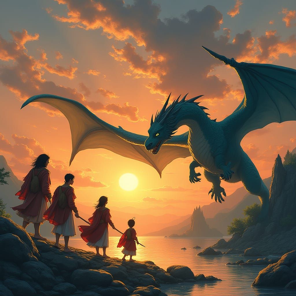 Epic Heroes Gather with Mythical Dragons at Sunset
