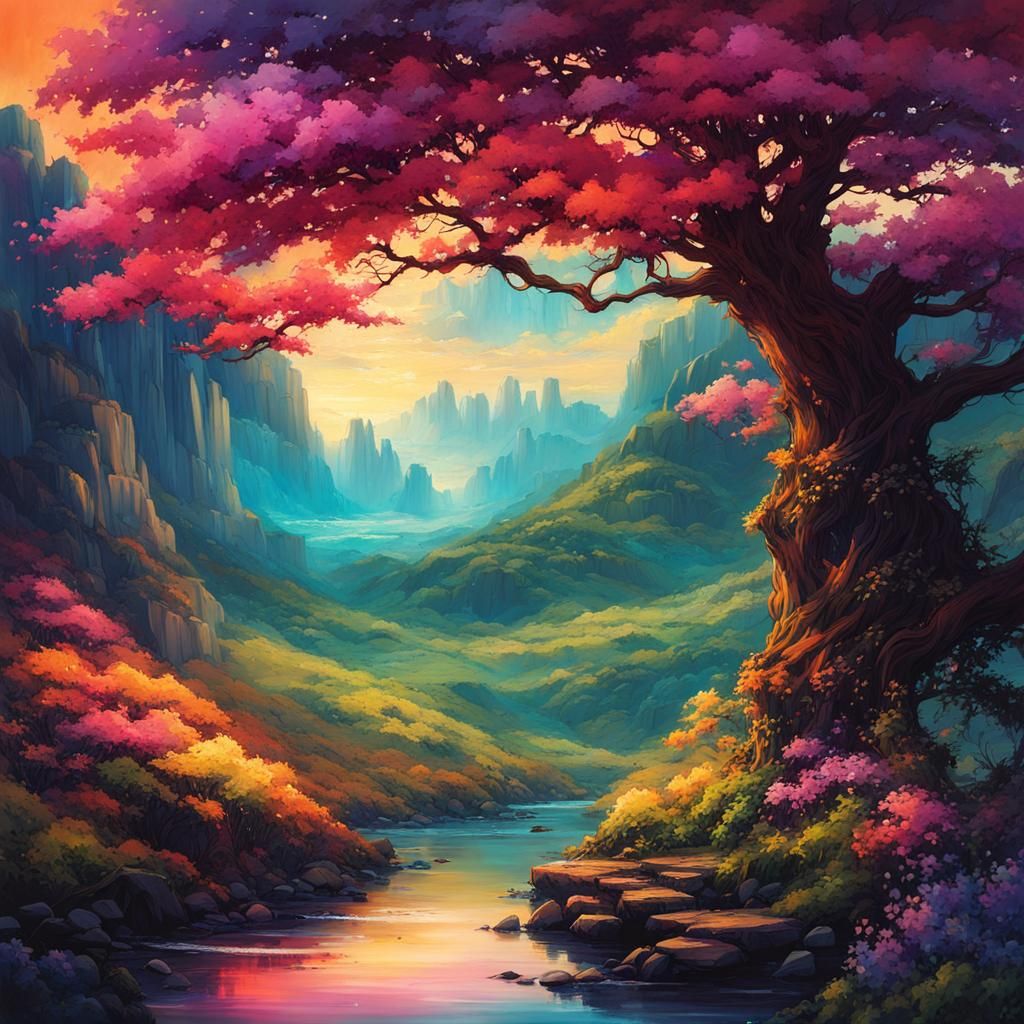 Whimsical Valley Landscape in Vibrant Colors