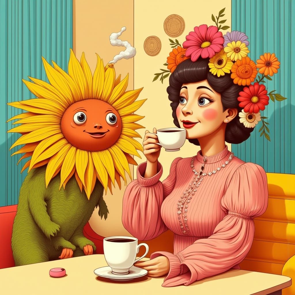 Surreal Woman in Vintage Dress Sips Coffee with Sunflower-Li...