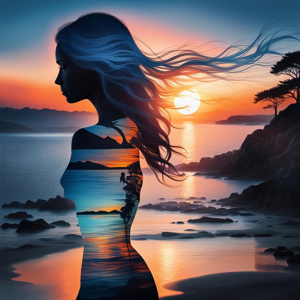 Sunset Coast Double Exposure: Vivid Digital Art