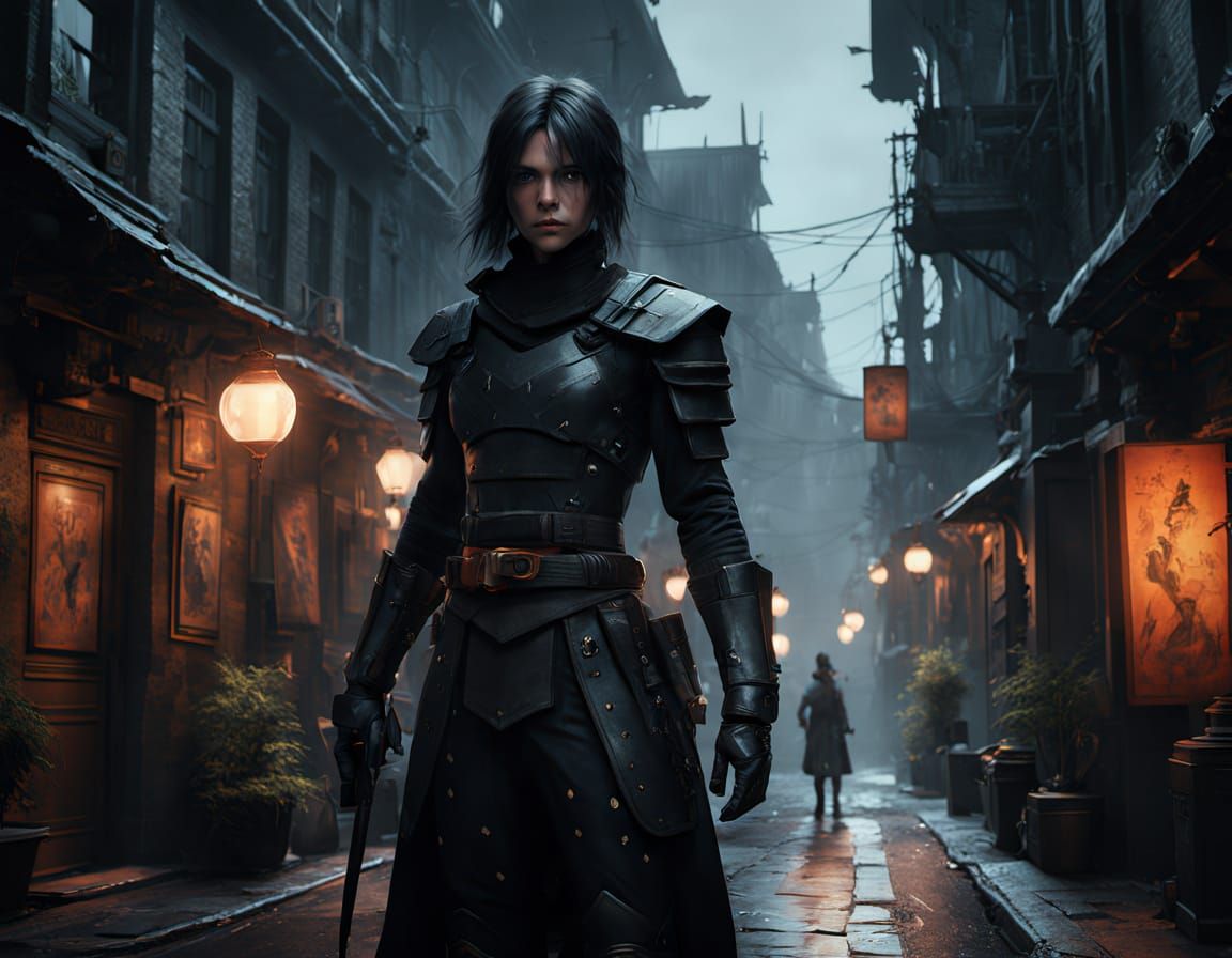 Mysterious Female Shadow Assassin in Dark Fantasy Alleyway