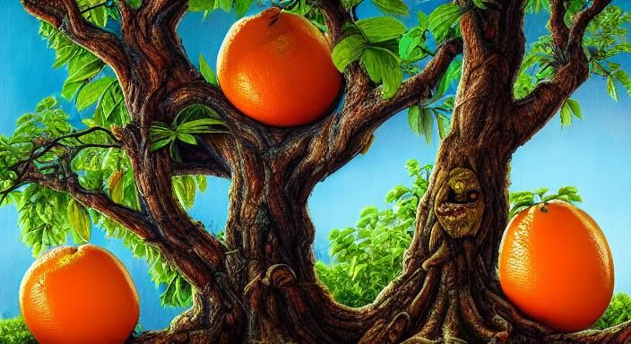 Hyperrealistic Orange Fruit Monster in Enchanted Forest