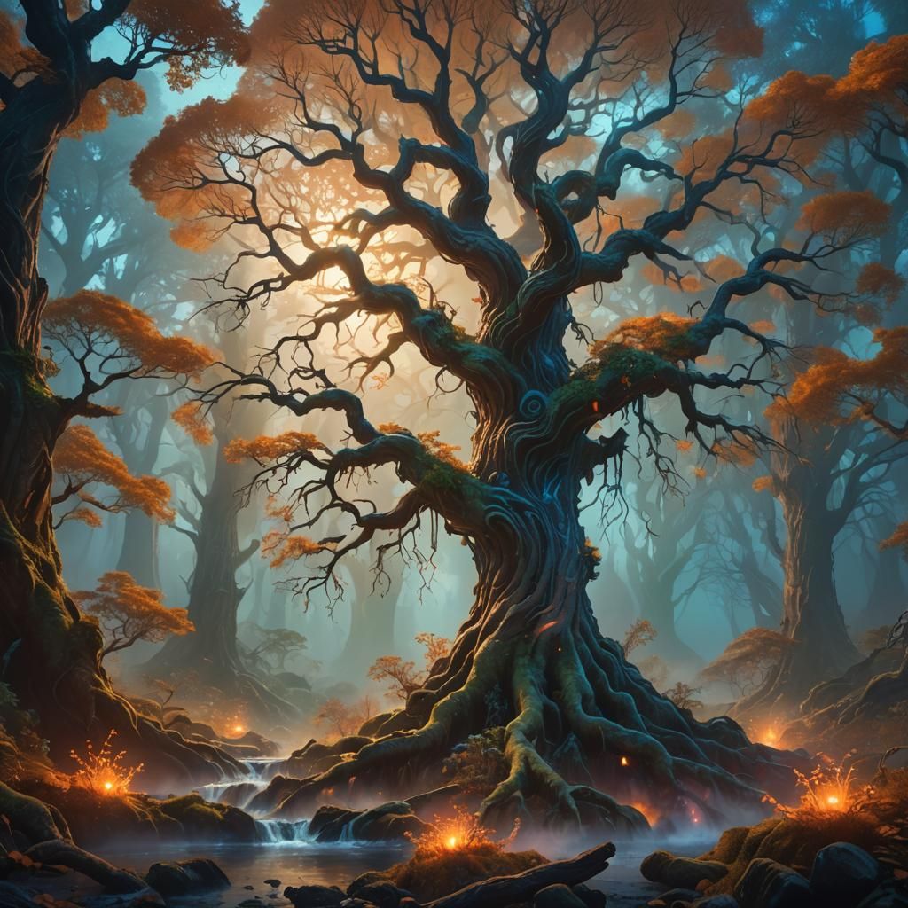 Glowing Tree in Mystical Forest: Fantasy Concept Art