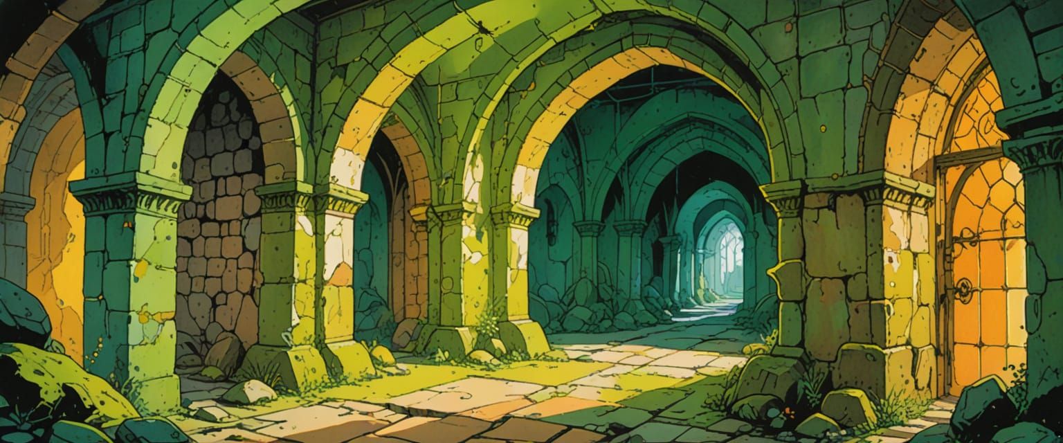 Abandoned Castle Passageway with Mirrors in Comic Book Style