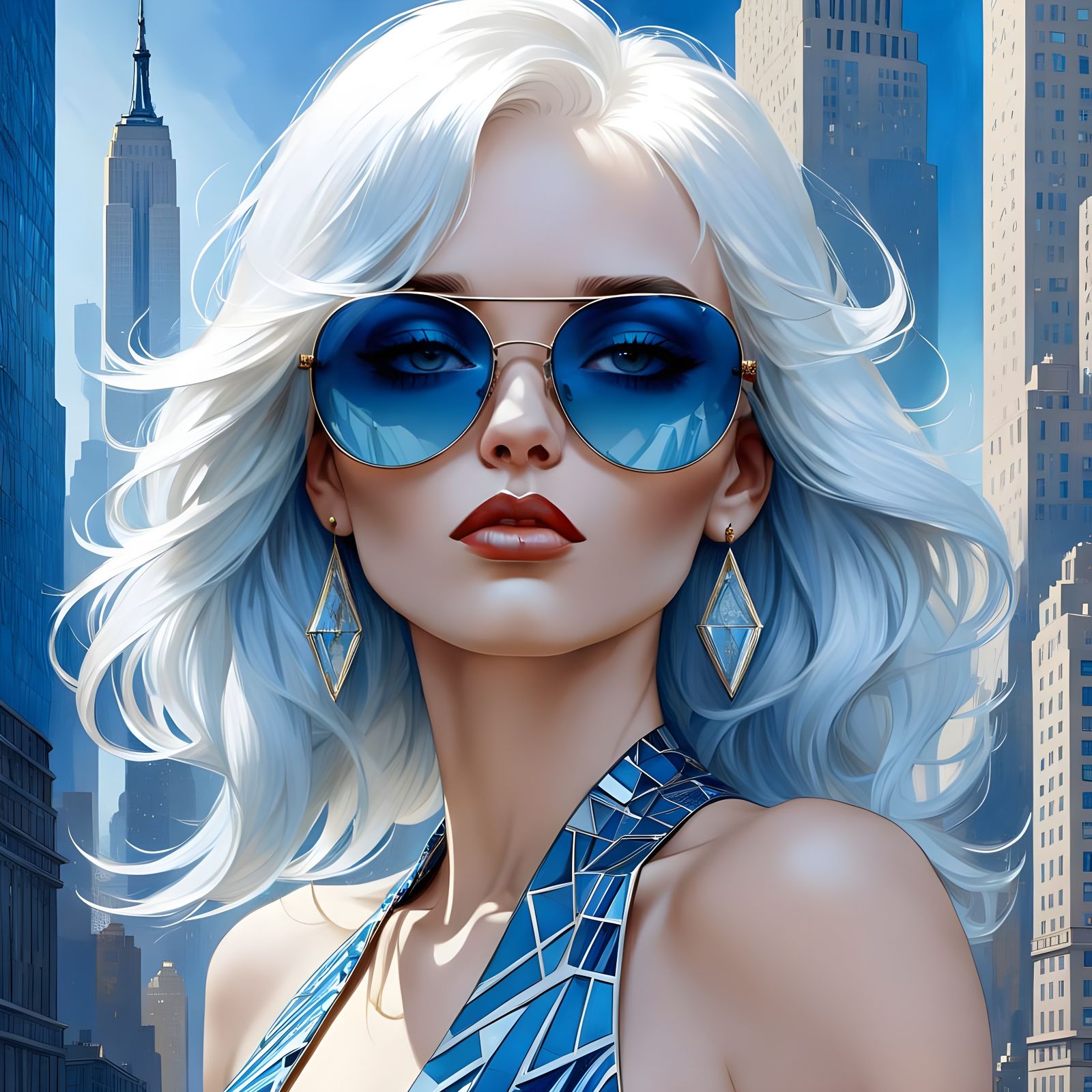 Art Deco City Girl in Blue and White Illustration Style