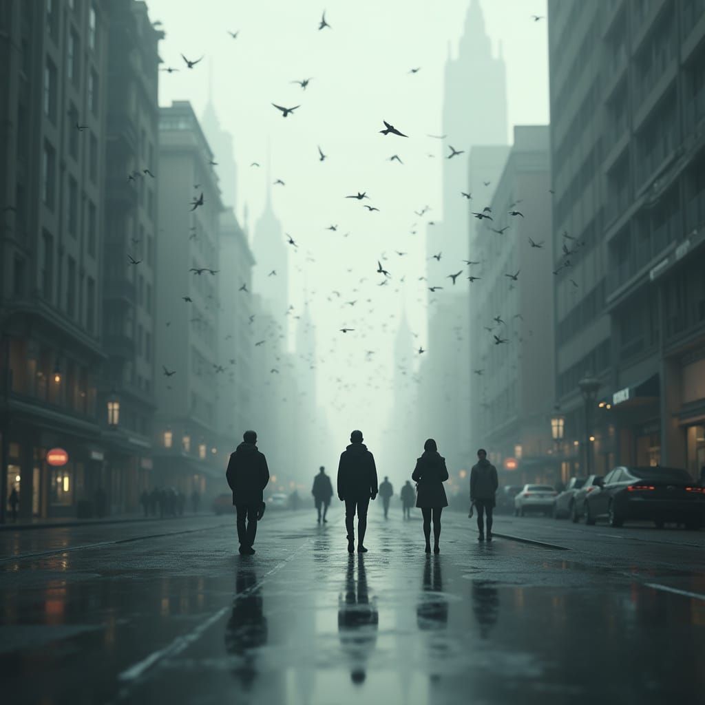 Melancholic Gray Cityscape in Pixar-Style 3D Animation