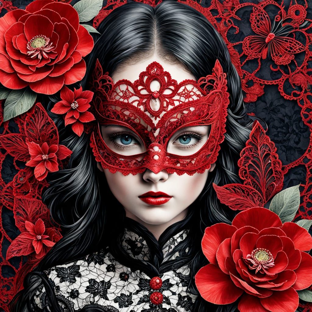 Scarlet Masked Beauty Lace Collage Art