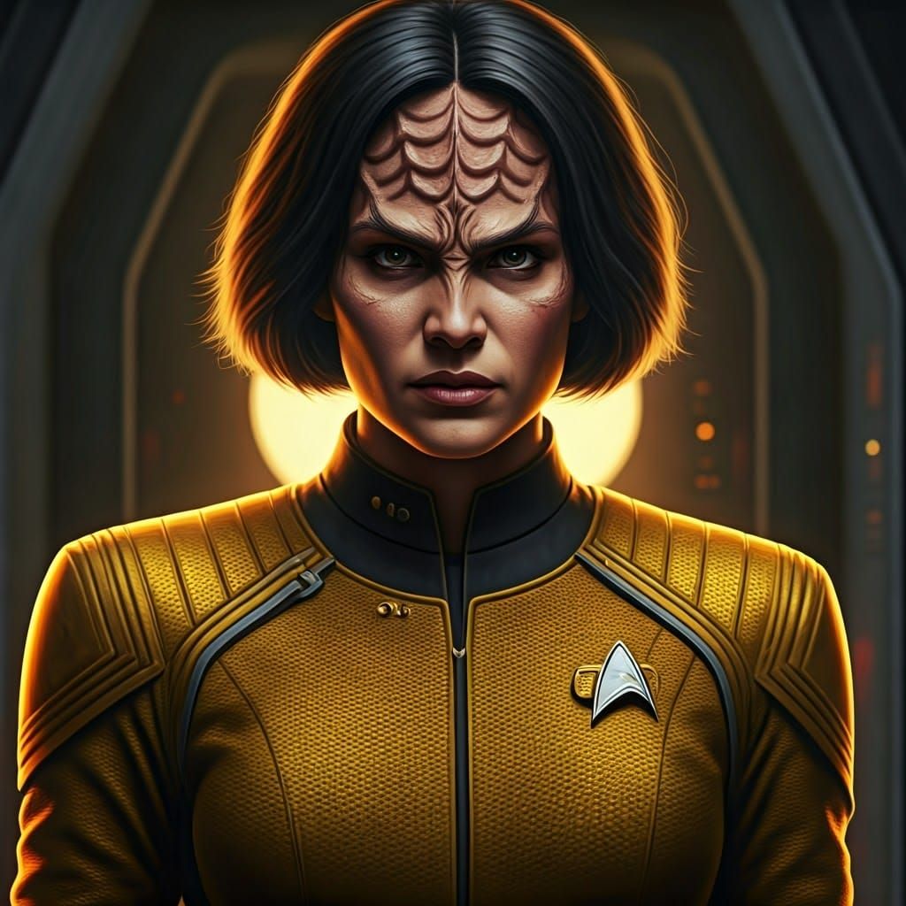 Starfleet Lieutenant with Klingon Features in Gold Uniform