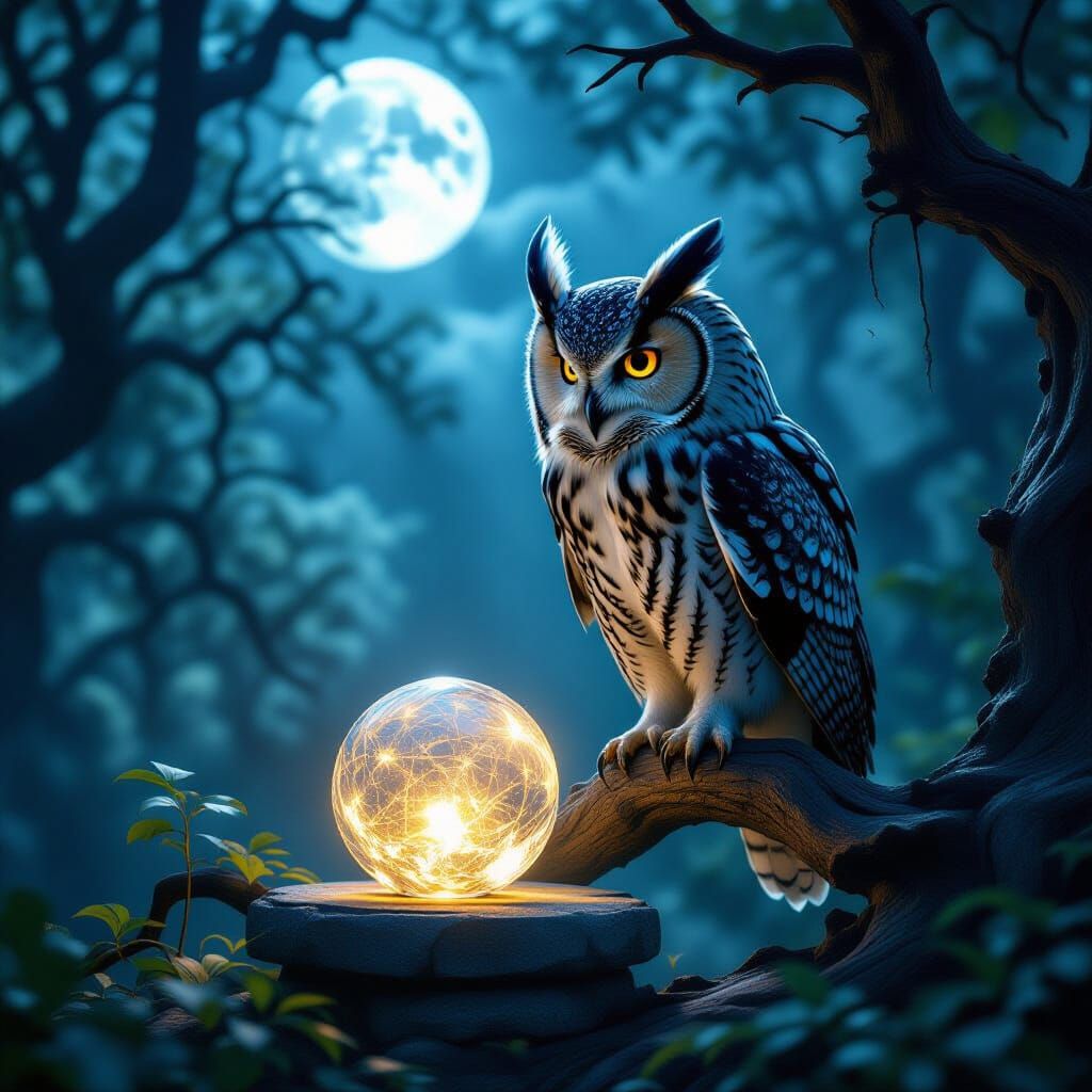 Ancient Owl with Crystal Sphere in Moonlit Forest
