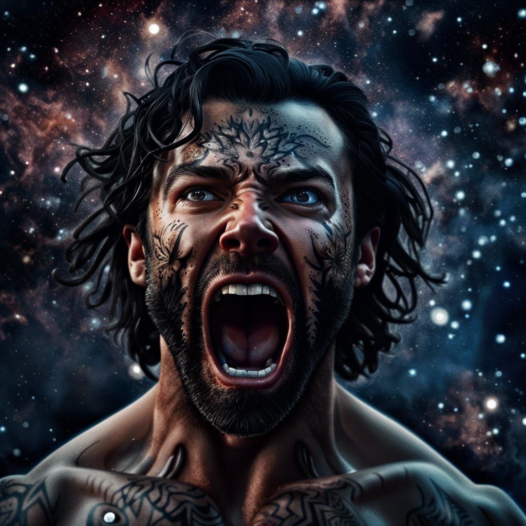 Furious Man with Tribal Tattoos and Starry Sky