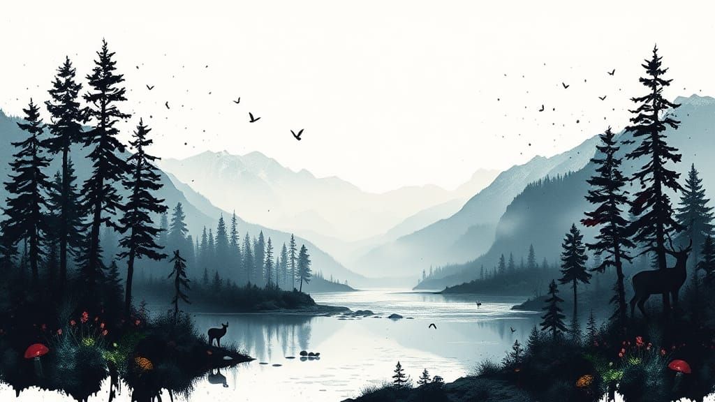 River Landscape in Double Exposure Ink Splatter Art