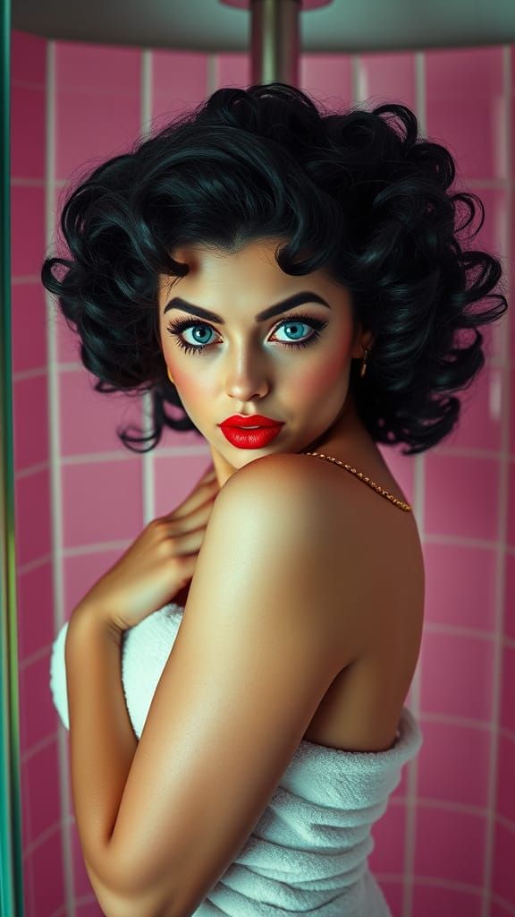 1950s Pin-Up Woman in Pink Shower, Glamour Photography Style