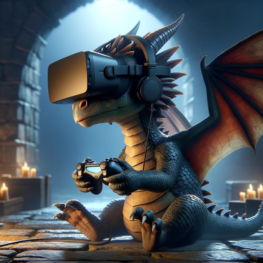 Baby Dragon Immersed in Virtual Reality Game