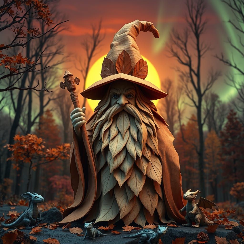 Paper Leaf Wizard Sculpture in Autumn Forest