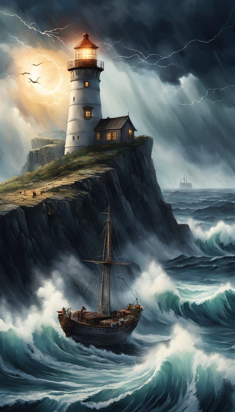 Stormy Maritime Scene: Lighthouse and Pirate Ship