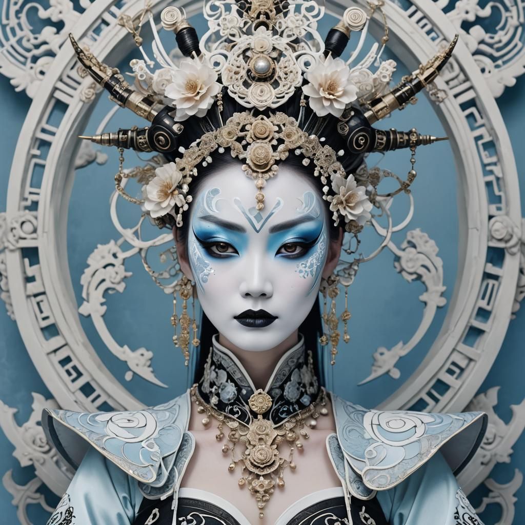 Kabuki Girl with Robotic Accents in Rococo Style