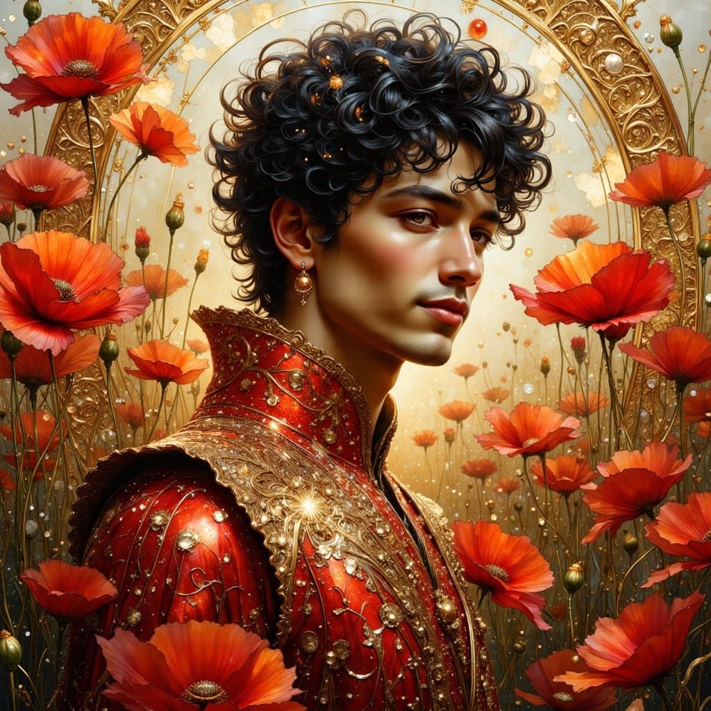 Smiling Man in Poppy Garden, Art Nouveau Style