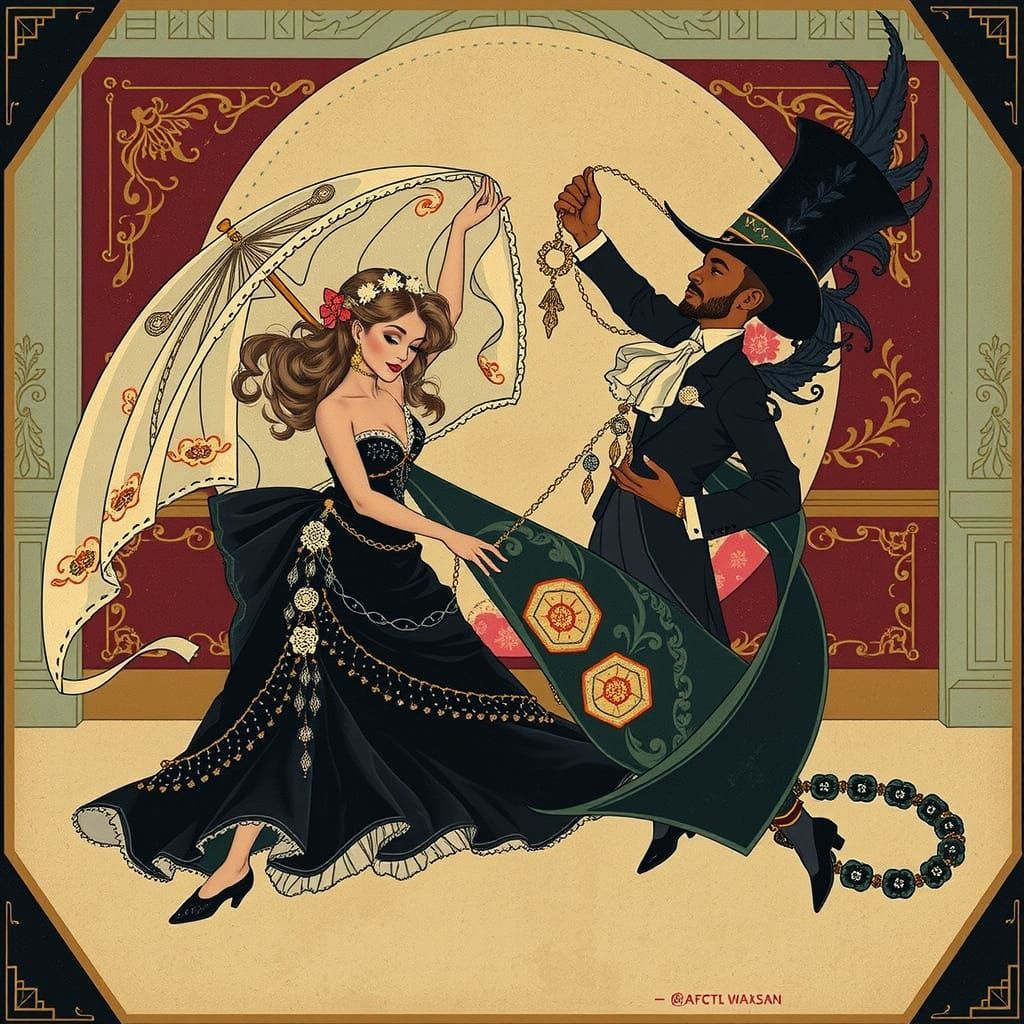 Couple Waltzing in Art Nouveau Style Ballroom