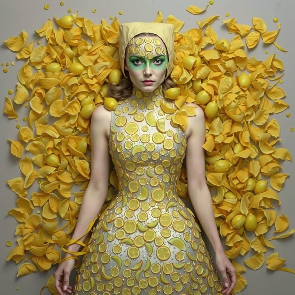 A woman wearing a dress made all of lemon peels. surreal pop...
