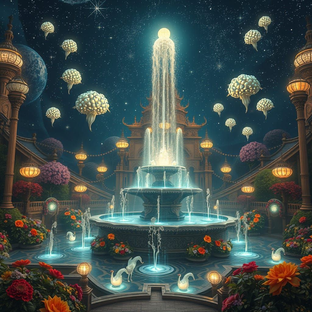 Surreal Landscape of Dreamy Fountains and Twinkling Nymphs