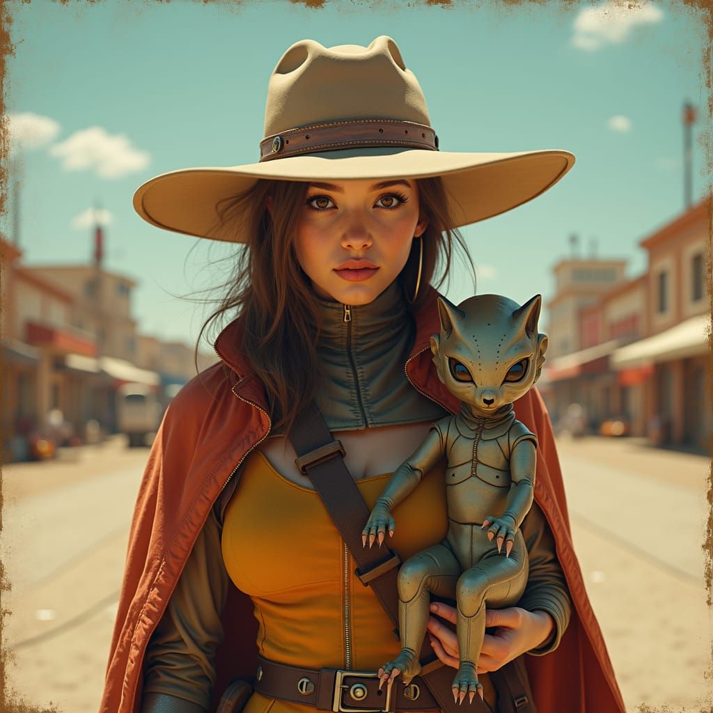 Female Space Outlaw with Alien Pet in Cyberpunk Style