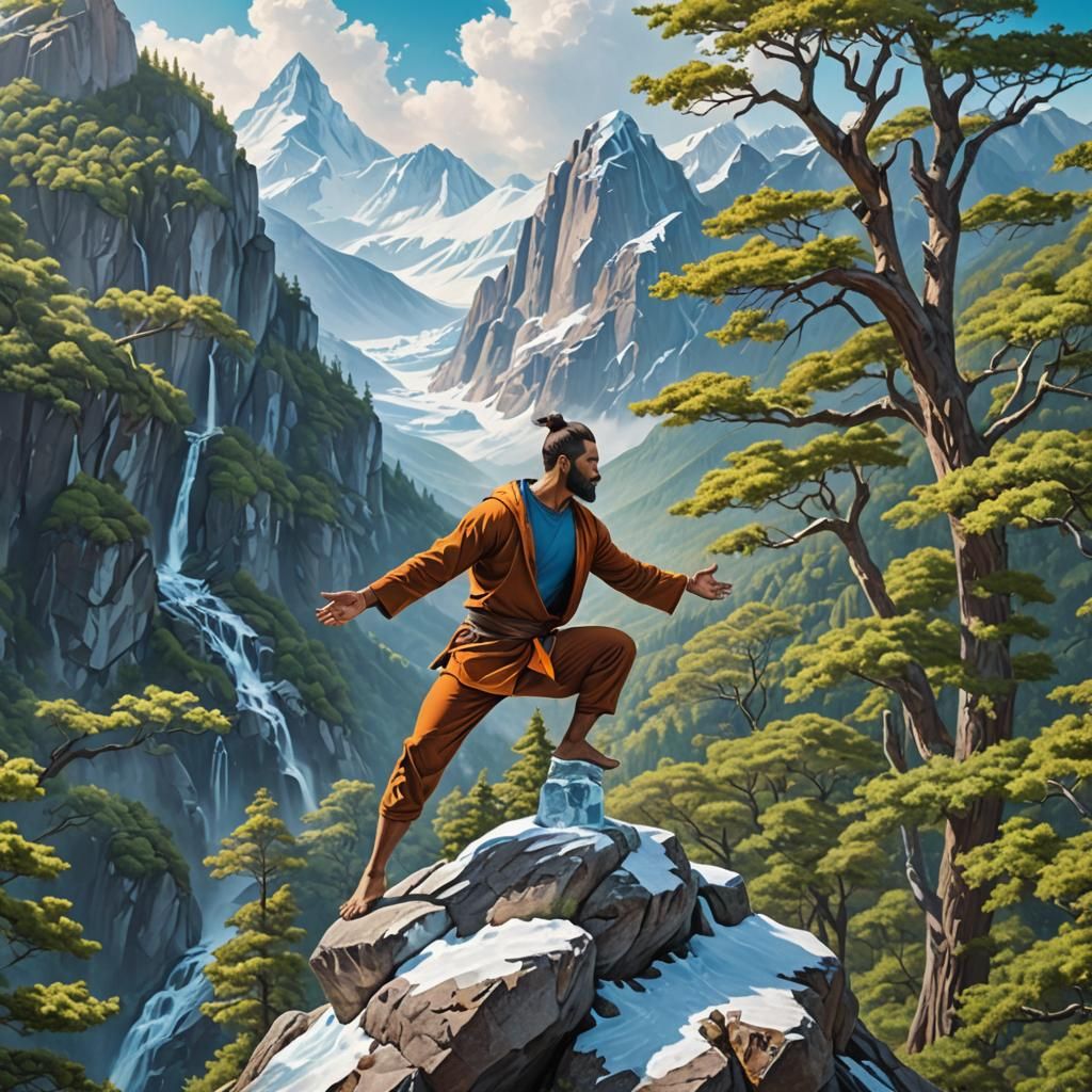 Yogi Warrior Pose in Hyperrealistic Mountain Landscape