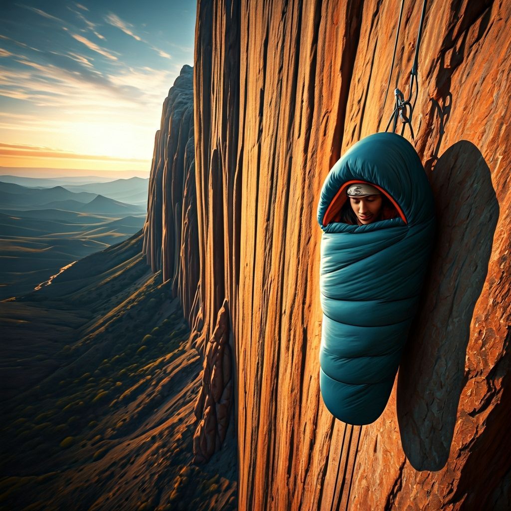 Climber Suspended on Cliff in Atmospheric Digital Art