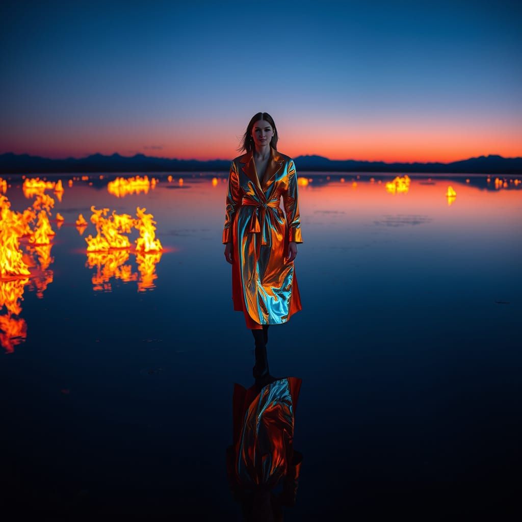 Futuristic Figure on Reflective Lakebed in Sci-Fi Style
