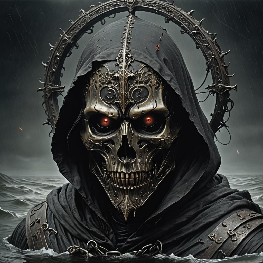 Futuristic Charon Sails River Styx in Gothic Style