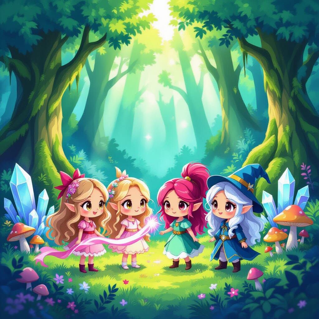 Magical Chibi Characters in Sun-Dappled Enchanted Forest