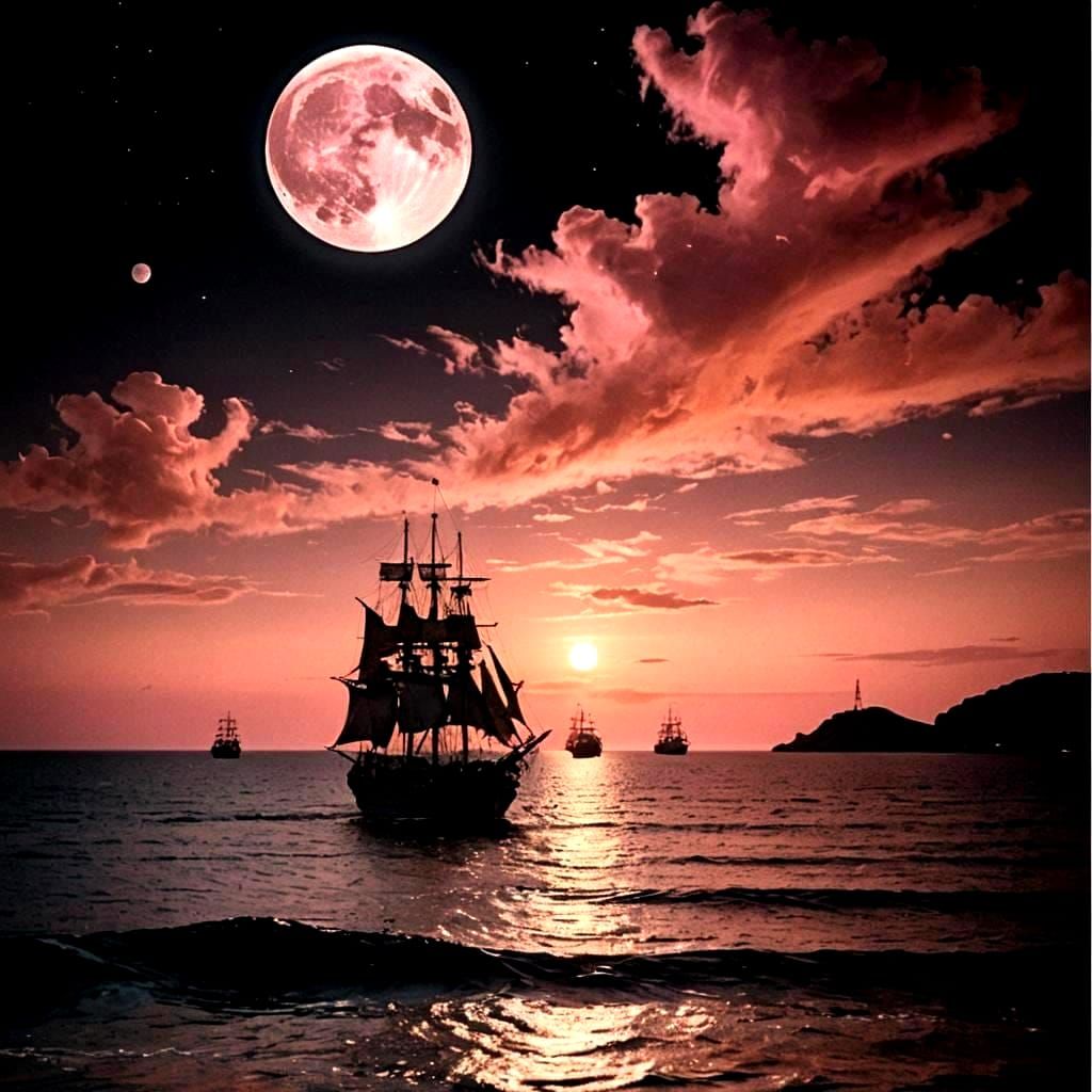 Ships Silhouetted Under a Dreamy Moonlit Sky